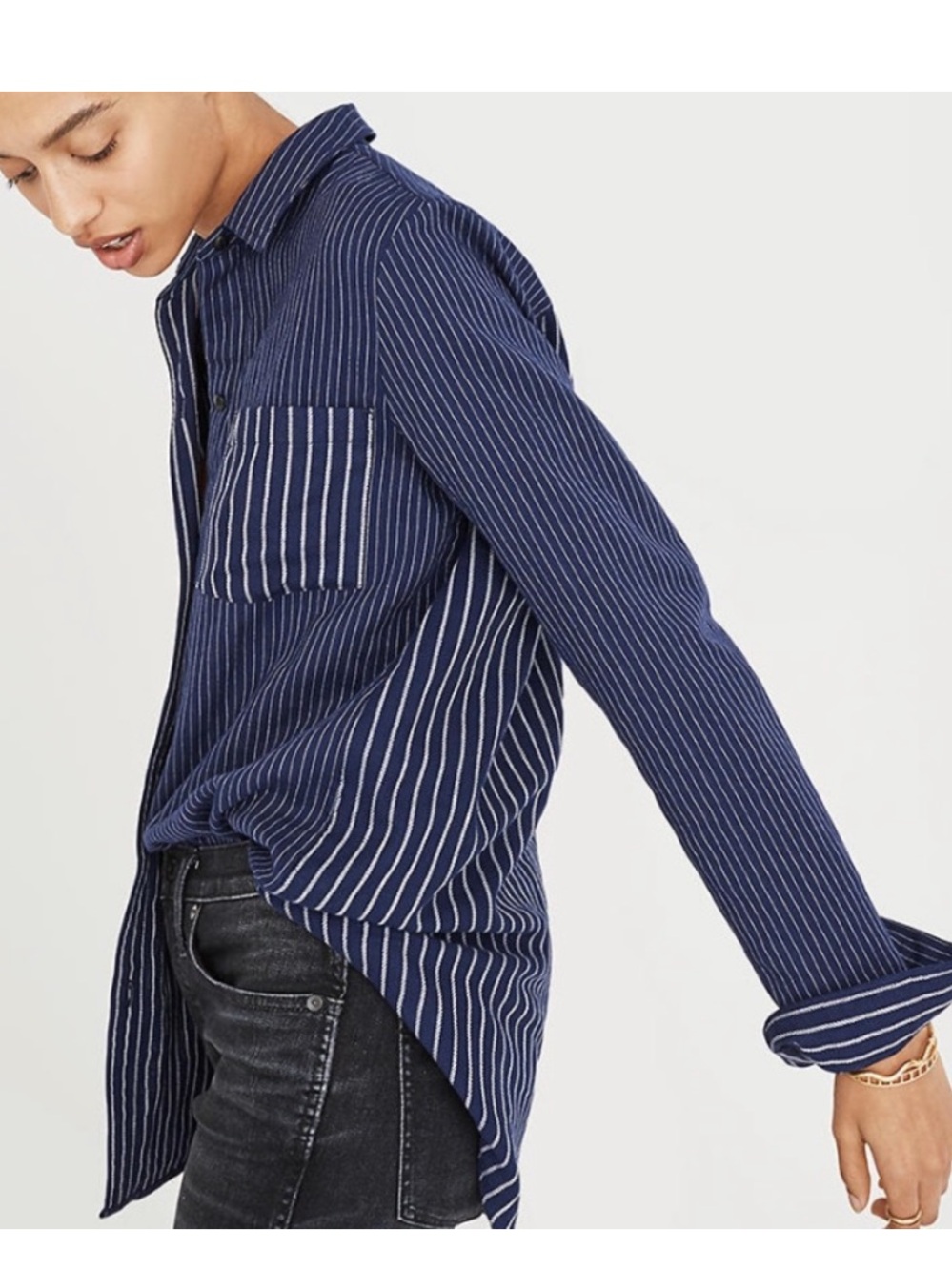 Madewell Navy and White Striped Casual Button-Down Shirt Size Small